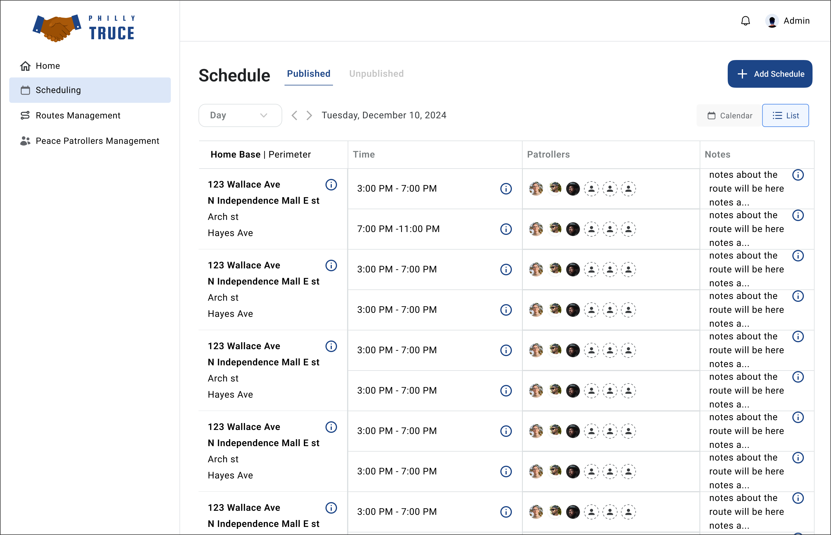 List view showing the same schedule as rows with a notes column